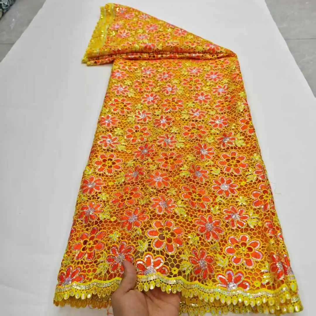 2025 Высокое качество, 5 ярдов, водорастворимая африканская кружевная ткань с блестками, шнур из гипюровой кружевной ткани, свадебные платья для свадьбы