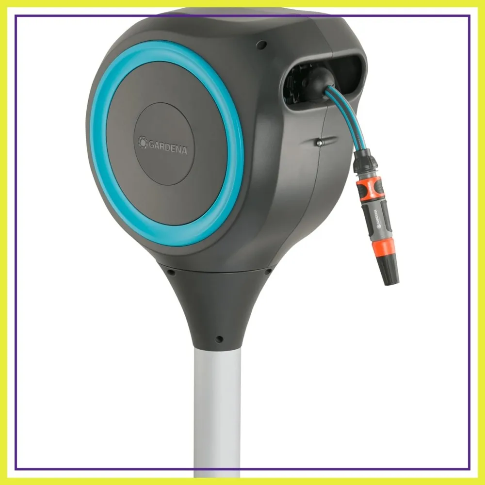 

Automatic Retractable Garden Hose Reel 50ft - 360° Swivel, Metal Spike Base, UV Resistant, Easy Install