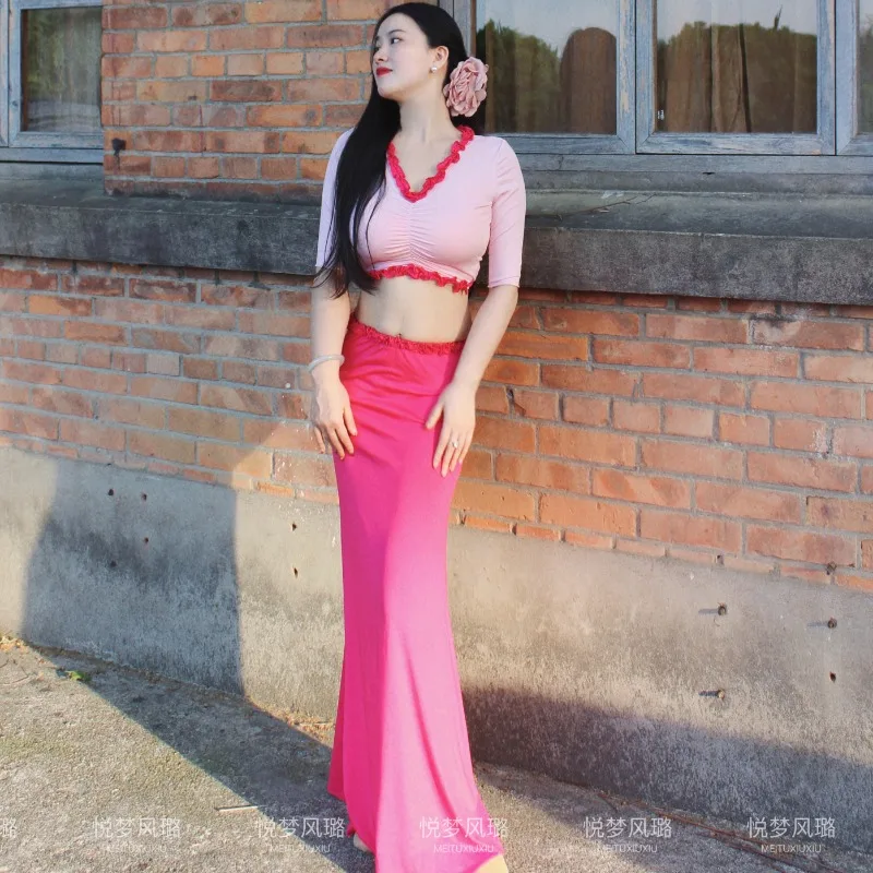 Customized Belly Dance Costumes New Set Performance Dress Class Clothes Sexy Temperament Practice Dress Pink Fish Tail Skirt