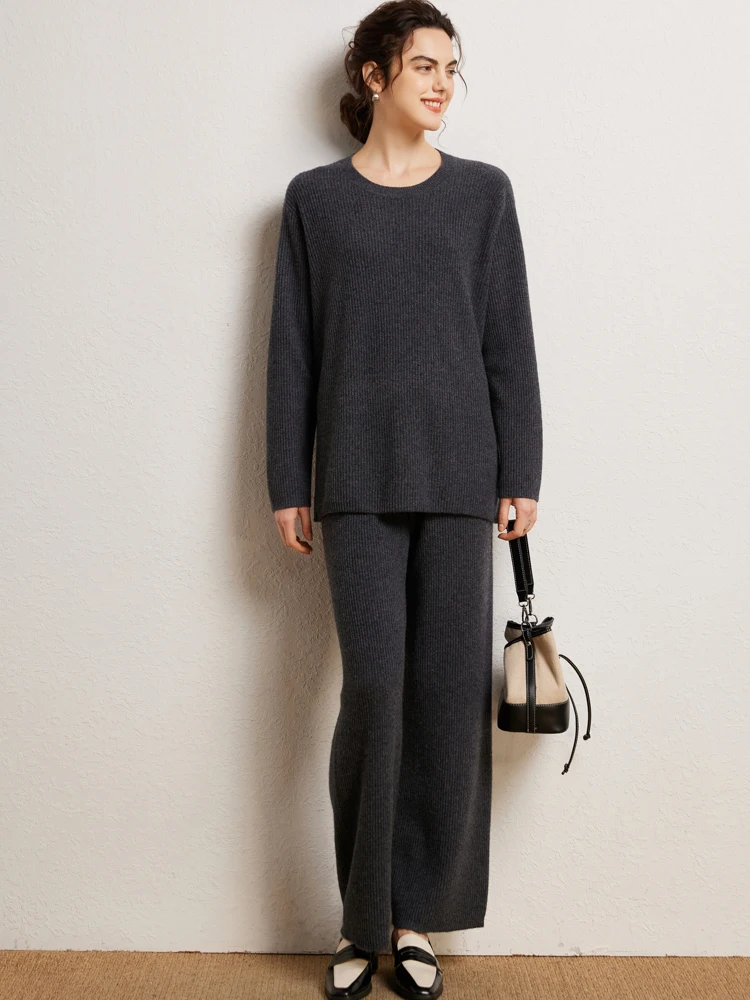 Women Cashmere Straight Wide Leg Pants Autumn Winter Threaded Jacquard 100% Cashmere Knitted Elastic High Waist Simple Trousers