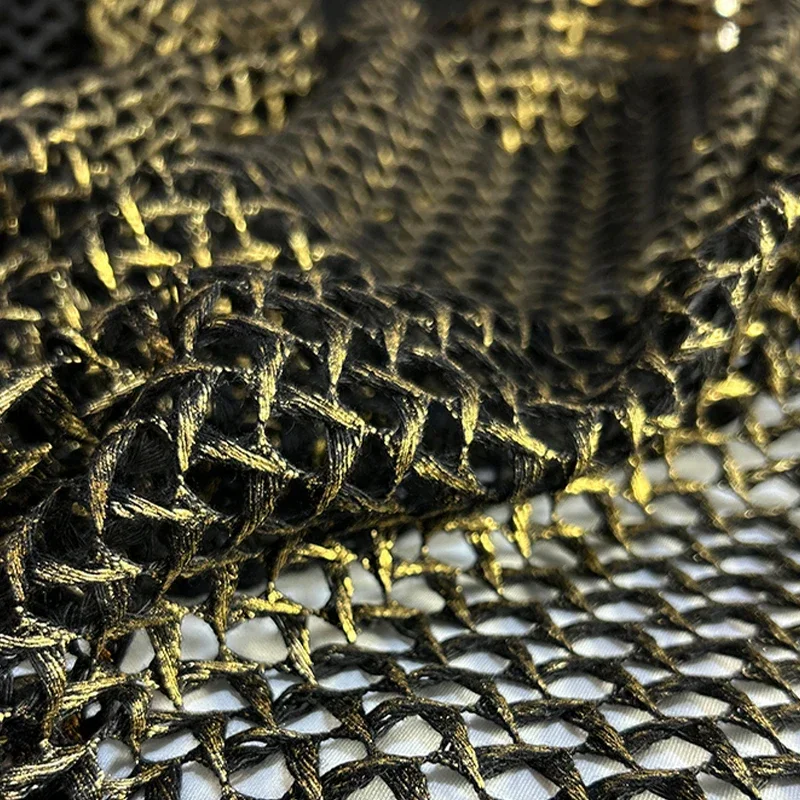 メタリック織り込みメッシュニット生地-3d-テクスチャードゴールド箔素材-女性用ブラウスセーターショールデザイナー舞台衣装