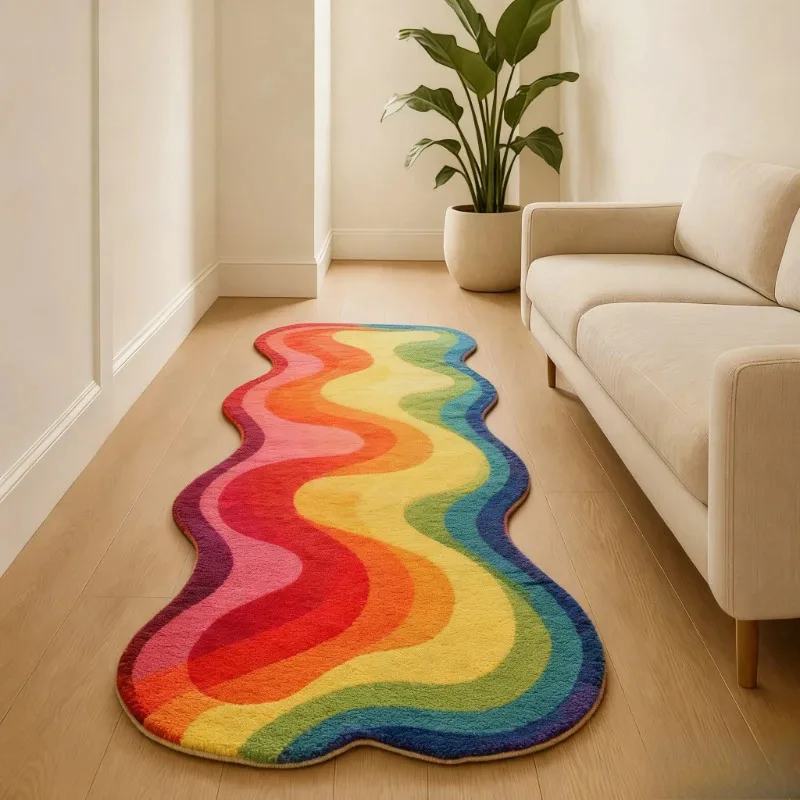 VIKAMA Shaggy Rug — Dopamine-Hued Irregular Bedside Throw, Soft Furnishing Rug For Bedroom & Living Room Home Decor