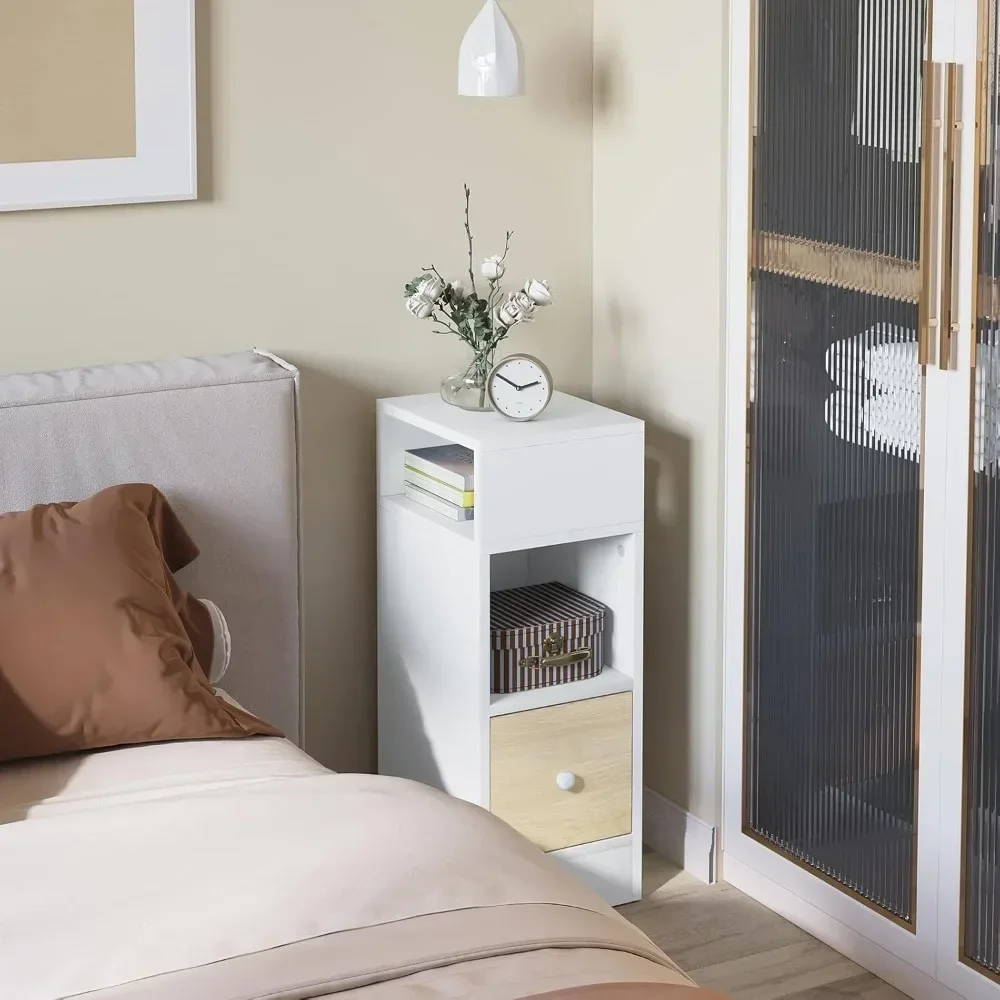 2 mesitas de noche con 2 compartimentos y 1 cajón, mesita de noche estrecha, dormitorio, estilo moderno, mesa de alta gama