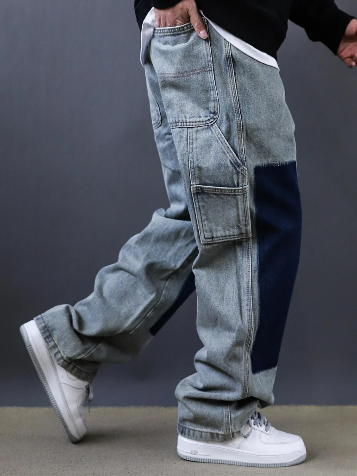 

Retro American Spliced Denim Jeans Men's Autumn High Street Design Sensation Hiphop Straight New Waed Wide Leg Pants