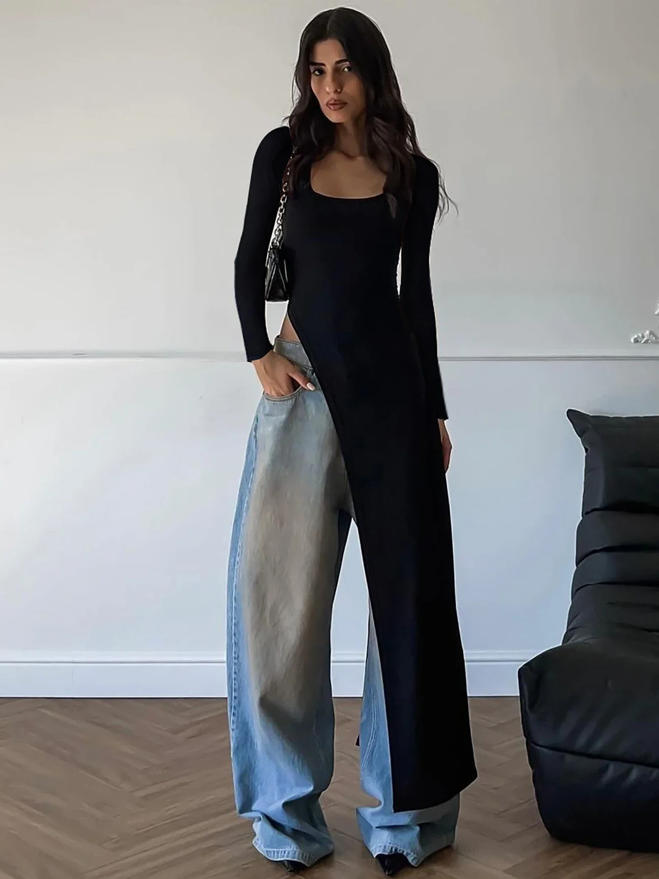 

2025 Spring Fashion Solid Long Sleeve Slit Irregular Sexy Bodycon Maxi Dress Women Casual Y2K New Outfits Party Vacation