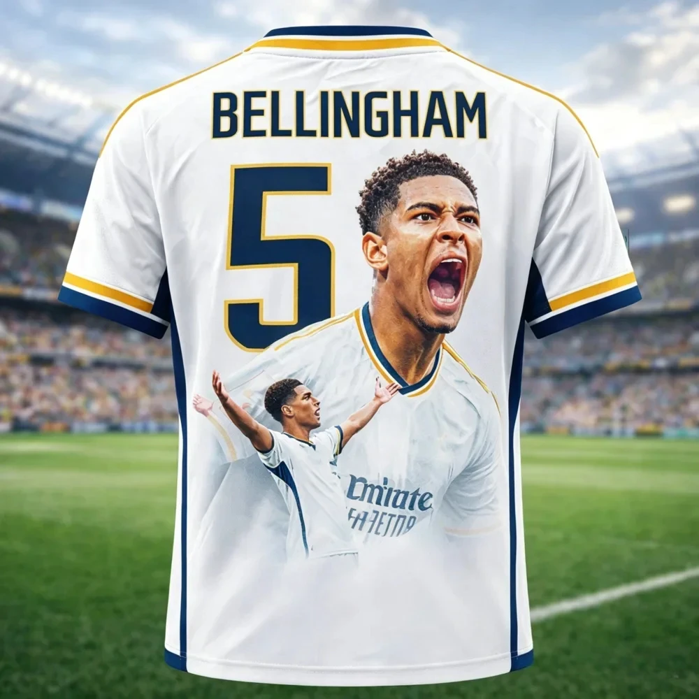 2026 Dernier modèle Bellingham No. T-shirt de football à motif de célébration du Real Madrid pour hommes et femmes, impression 3D pour les familles