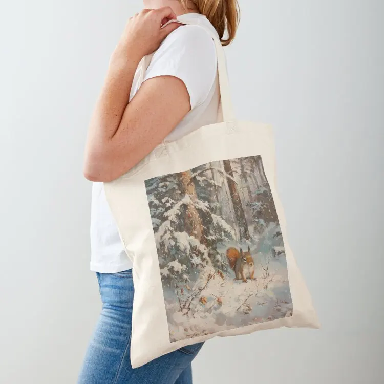 Red Squirrel in Snow-Covered Forest Tote Bag reusable shopping bags Women's beach bags hand bag