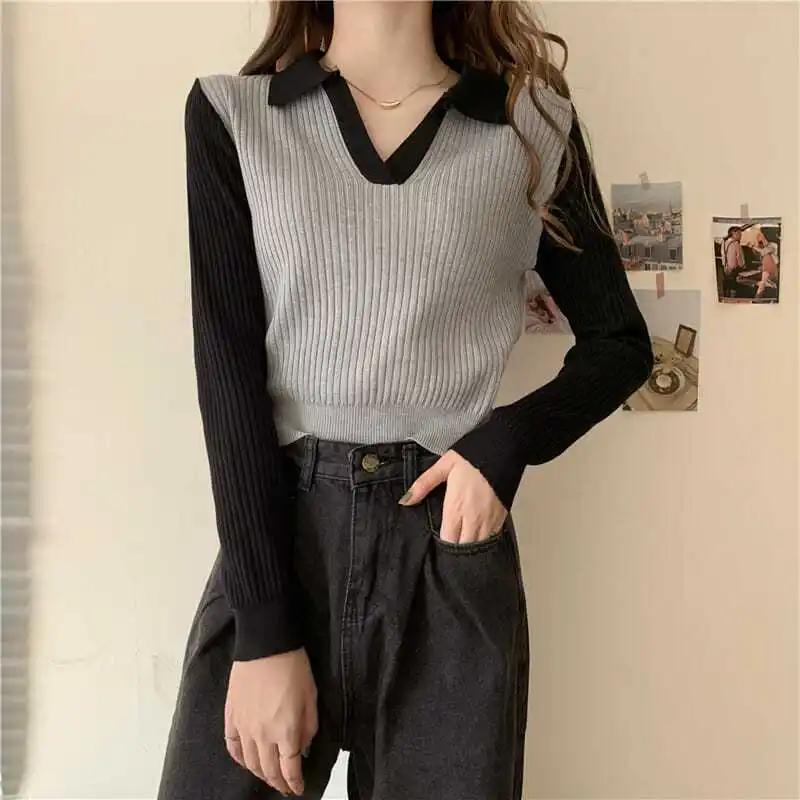

New Top V-neck Long-sleeved Pullover Knitted Lazy Style Sweater