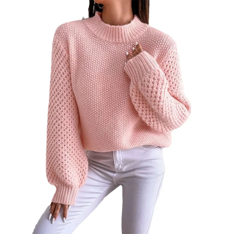 Mulheres pulôver camisola casual tricô topo oco para fora gola redonda jumper senhora do escritório malhas 2025 outono inverno malha topos