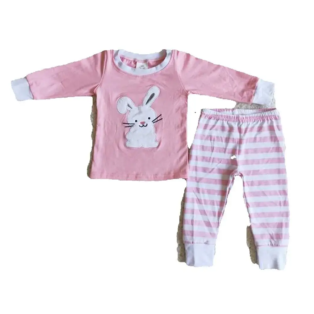 6 B8-25 girl easter pink bunny rabbit emboridery winter long sleeve set pajamas