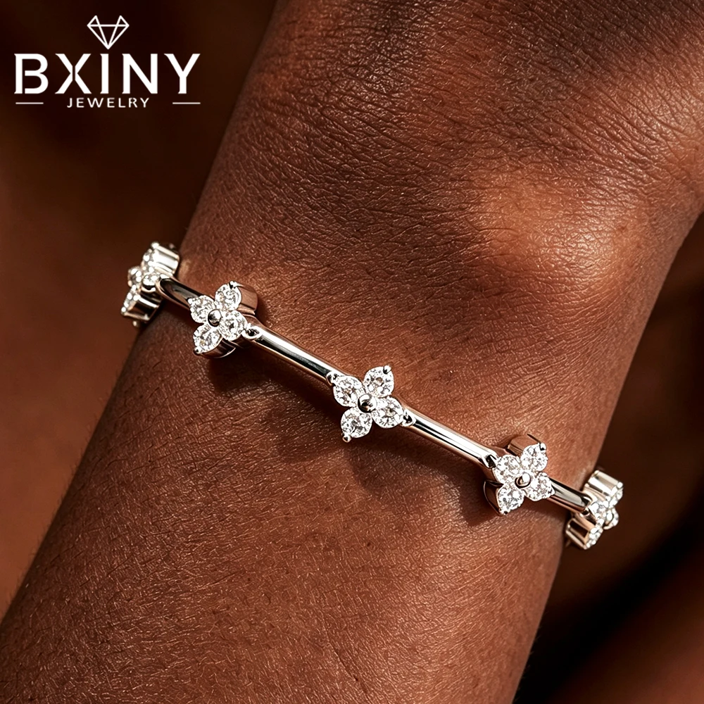 BXINY Clover Flower Moissanite Bangle Solid S925 Silver Dainty Diamond Cuff Bracelet for Women Engagement Gifts Fine Jewelry GRA
