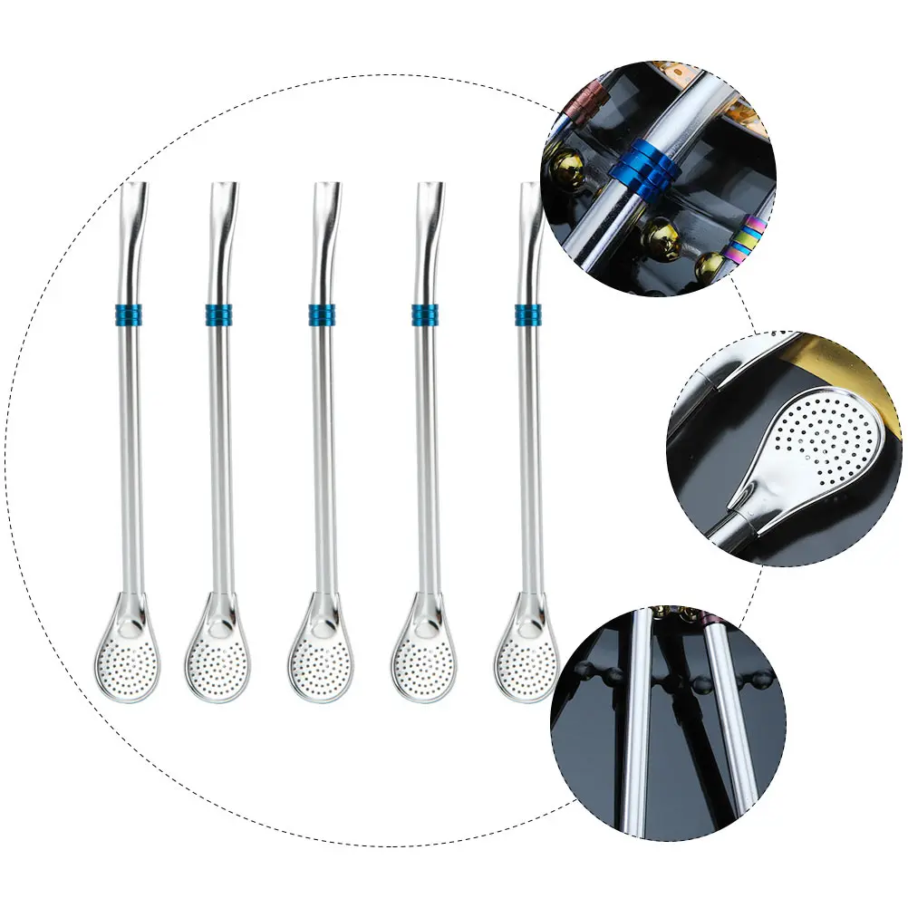 

5pcs Stainless Steel Swizzle Sticks Filtering Mixing For Coffee Tea Strainer Stirring Spoon Bar Home Use Hollow Design Flat