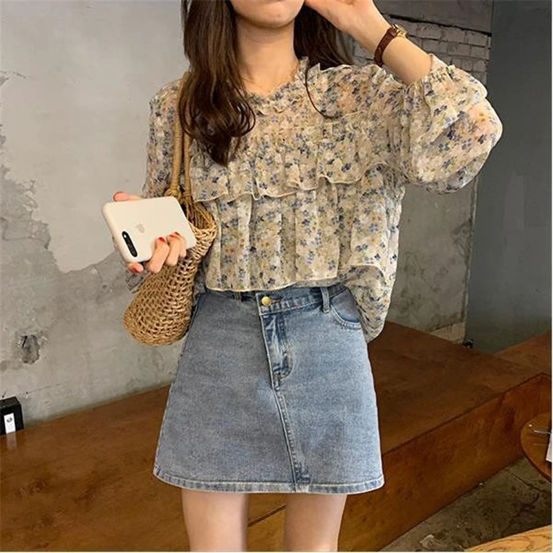 Women\'s Ruffle Floral Printed Sweet Fairy Blouse Spring Autumn Trendy Round Neck Loose Shirt Casual Chic Tops Long Sleeve Blusas