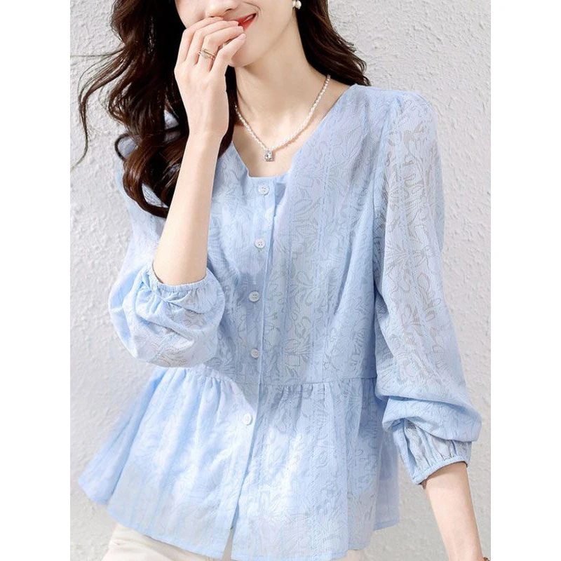 spring summer elegant fashion long sleeve shirt ladies temperament solid color all-match cardigan top women casual sweet blouse