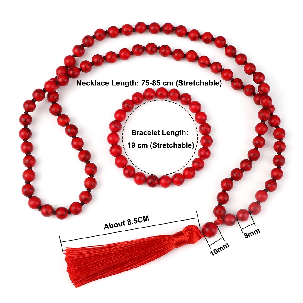 8mm Natural Black Line Red Pine Necklaces Set Fashion Handmade Knotted Tassel Pendant Charm Beaded Bracelet Yoga Spirit Jewelry