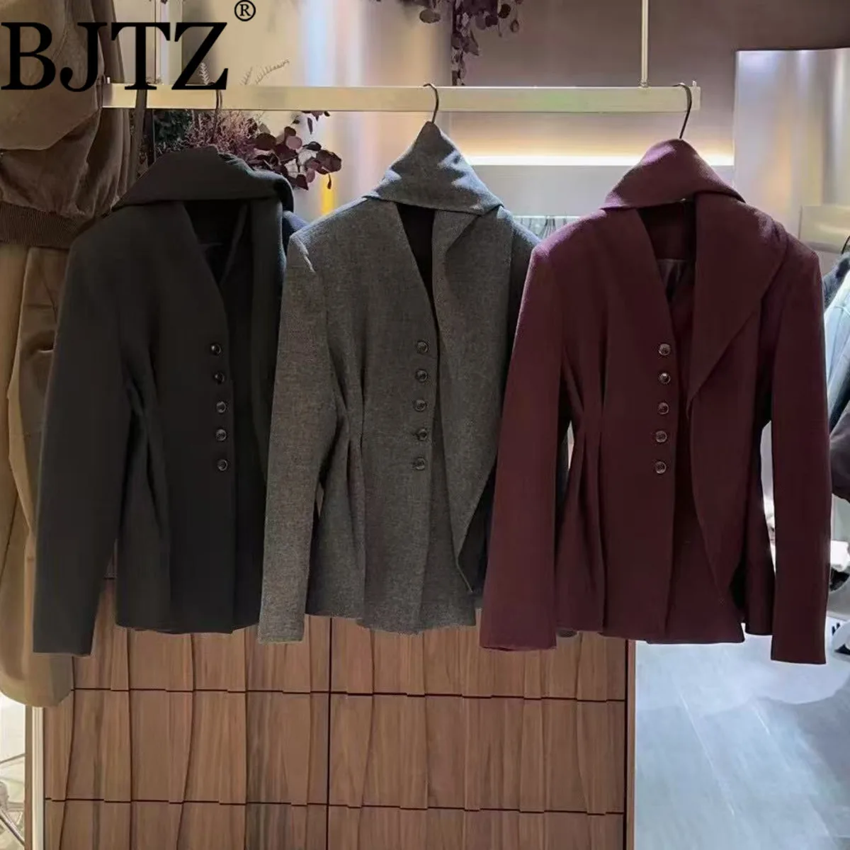 

Women’s BJTZ 2025 New Autumn Blazer Scarf Collar Thick Fabric Jacket Casual Elegant Minimalist High Quality Coat Outfit