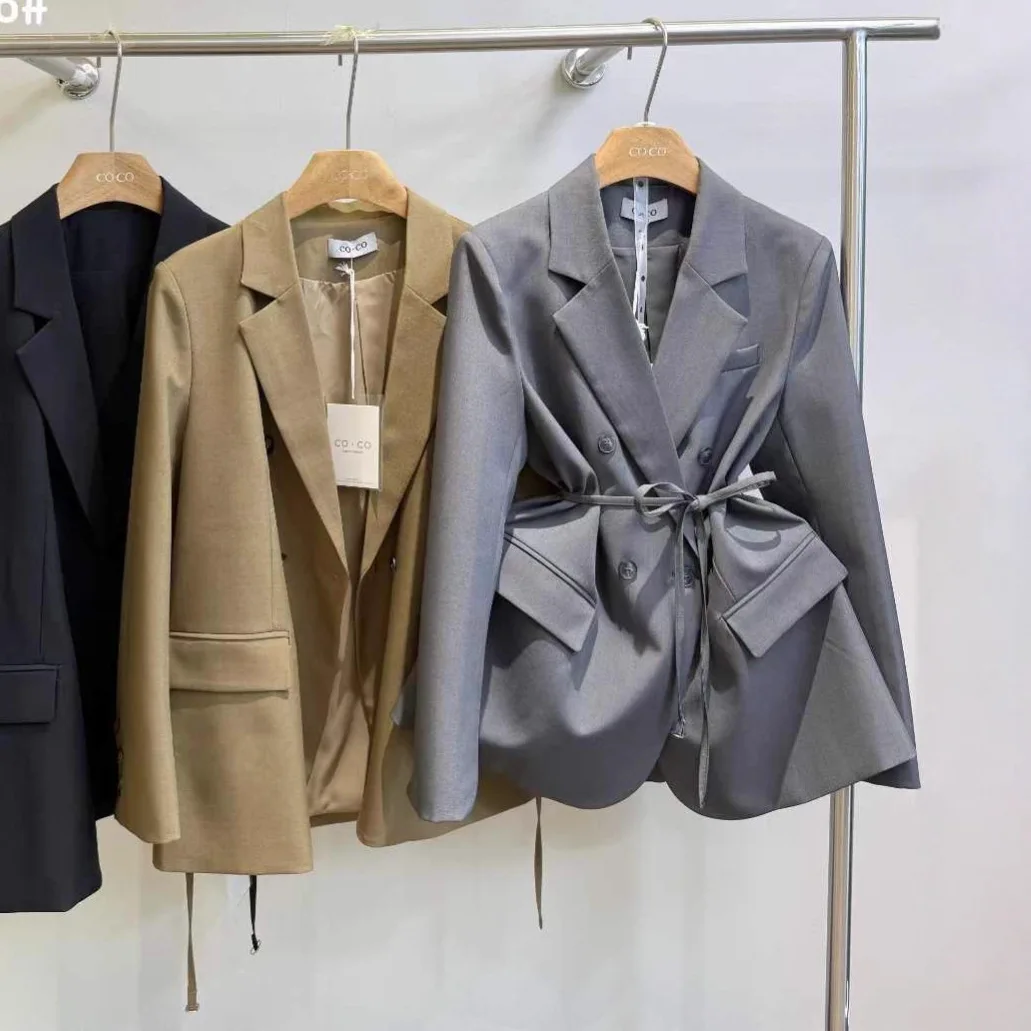 SuperAen 한국 스타일 Office Lady Blazers Slit Back 가을 2025 새로운 회색 캐주얼 긴팔 오버 사이즈 루즈 블레이저