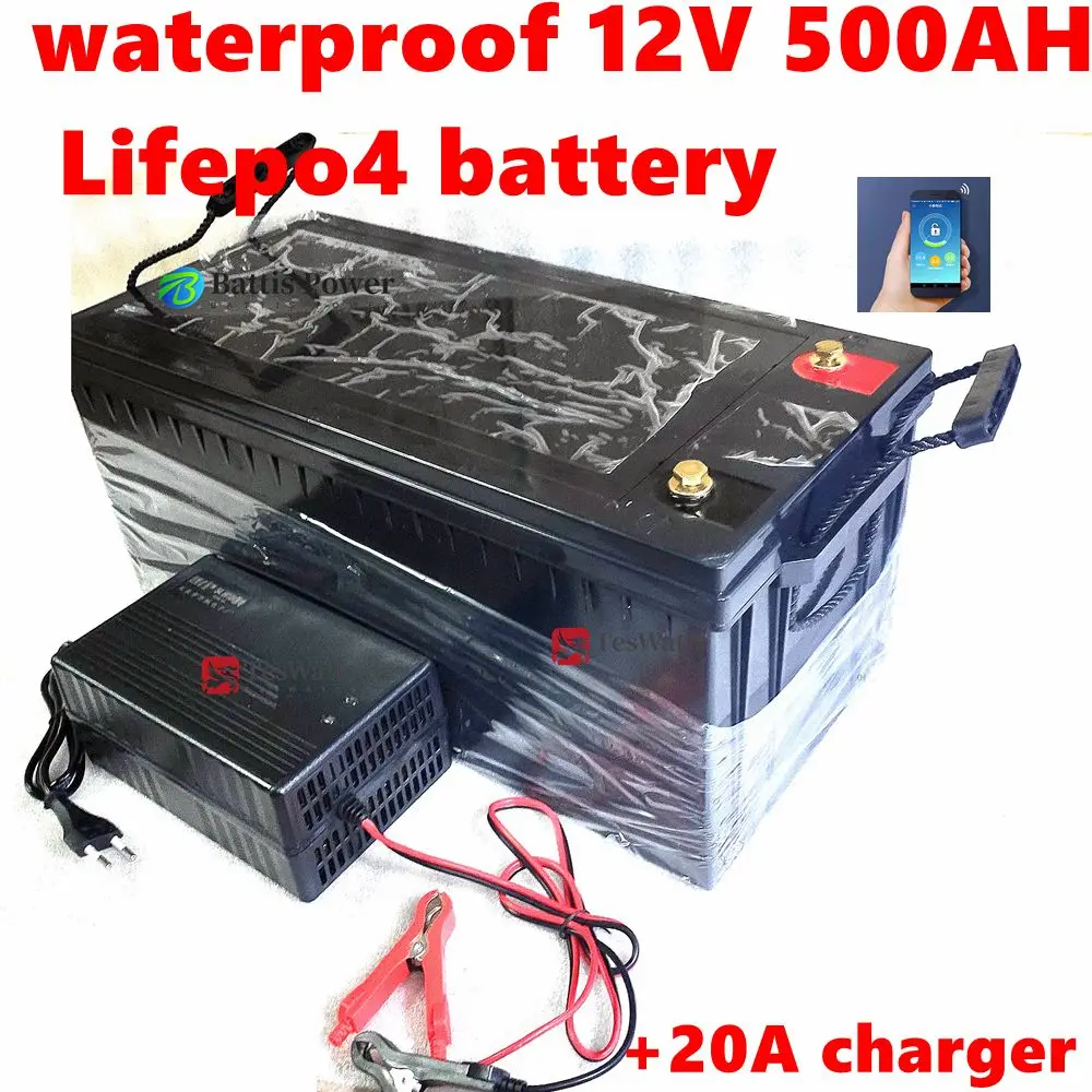 waterproof 12V 500AH Lifepo4 battery lithium bluetooth BMS APP 4S 12.8V 500Ah for golf cart Solar Storage boat +20A charger.