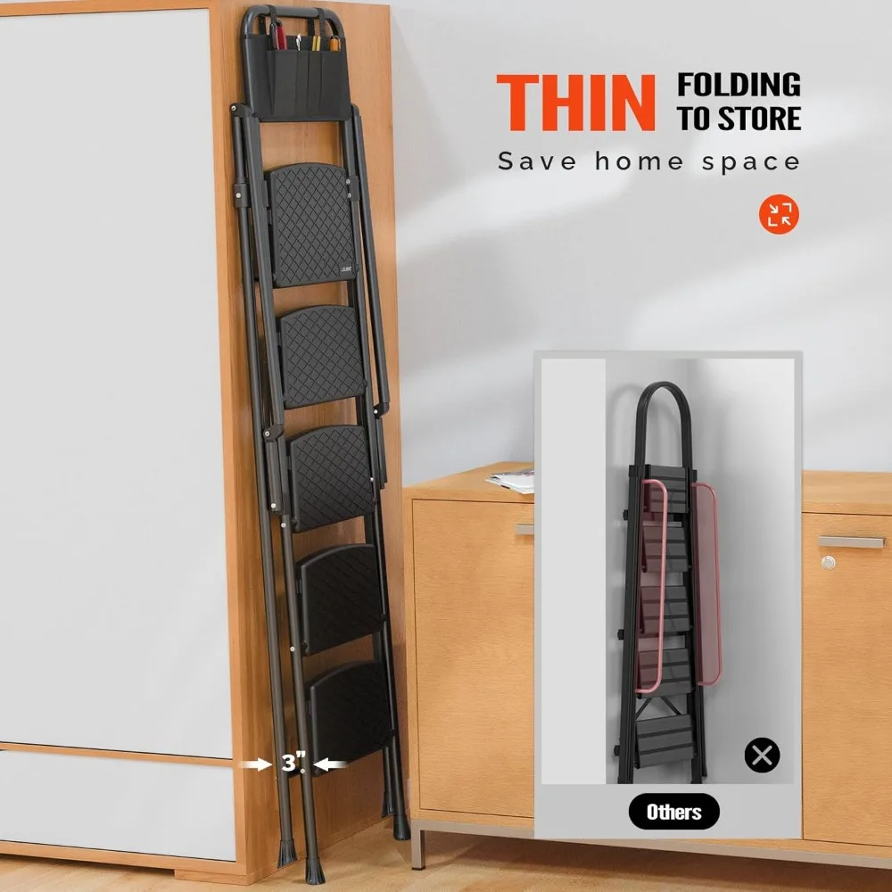 Scaletta pieghevole antiscivolo a 5 gradini con corrimano, pedali leggeri e allargati, supporta fino a 330 libbre per la sicurezza e la comodità