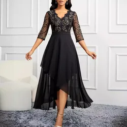 Women's Dress New Spring Solid Elegant V-neck Dress With Medium Sleeves Slim Fit  Uneven Long V-neck Women's Dress 2024 New