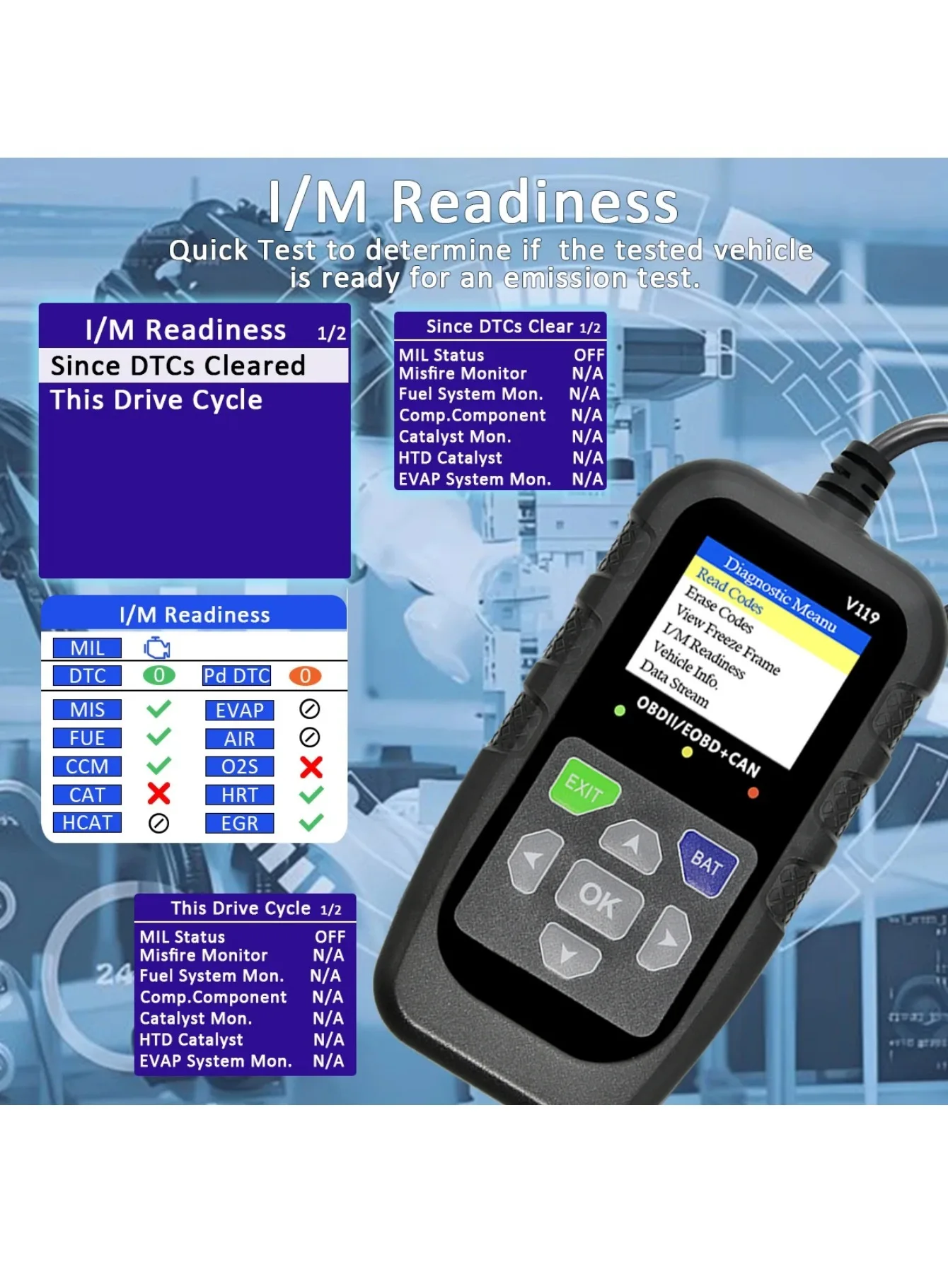 V119 OBD2-Scanner: ein Autodiagnosetool mit Spannungstest und USB-Stromversorgung, geeignet zum Lesen/Reinigen von Codes auf EOBD/