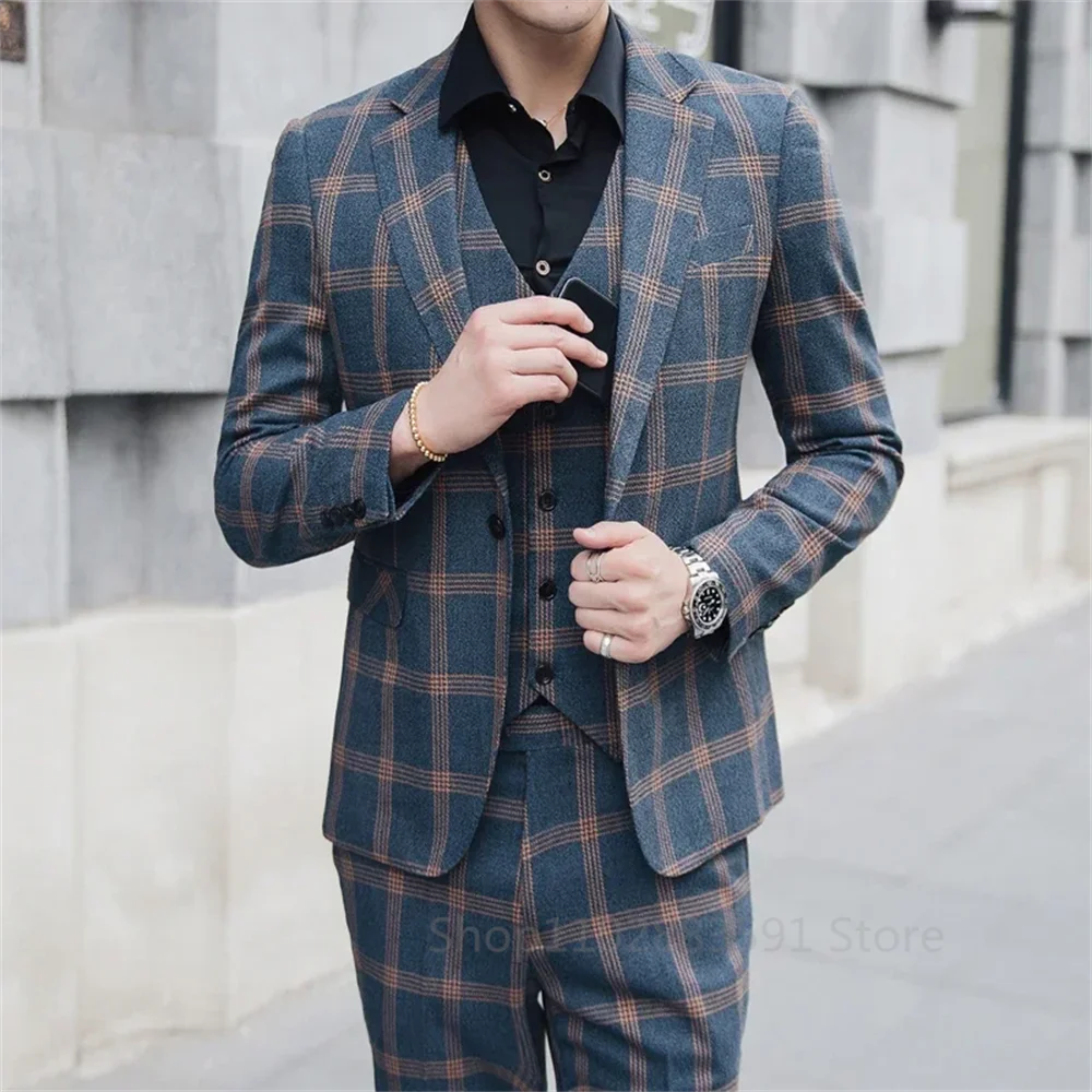 Coat Vest Pants 2024 Men\'s Fashion Boutique Stripes Wedding Suit Three Pieces Set Male Business Casual Blazers Jacket Trousers