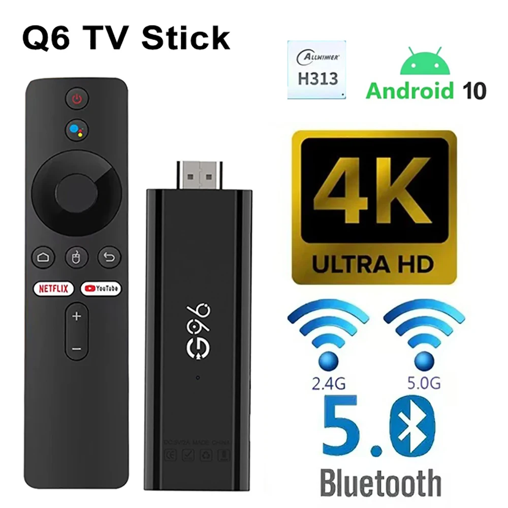 Global version Android TV Stick Q6 Support 2GB16GB 4K Allwinner H313 2.4G5.8G Dual WIFI BT5.0 Home Theater Streaming TV Stick