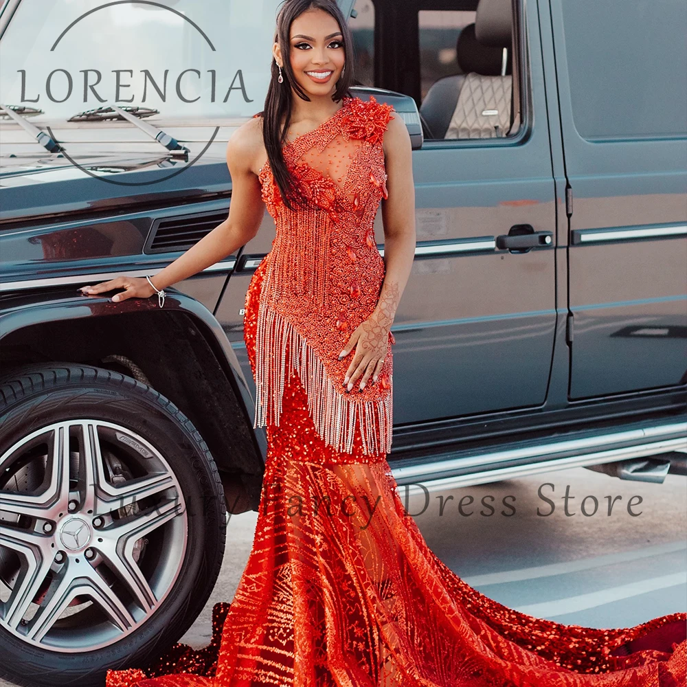 

Sparkly Tassel Crystal Prom Dresses One Shoulder Sequin Mermaid Wedding Party Gown Customized Sleeveless vestidos largos fiesta