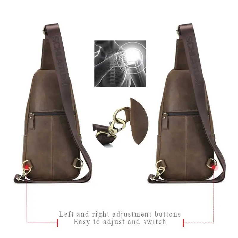 SCHLATUM 100% bolso de pecho de cuero genuino, diseño cruzado triangular informal, mochila de hombro de viaje, bolso multifuncional de cuero para hombres