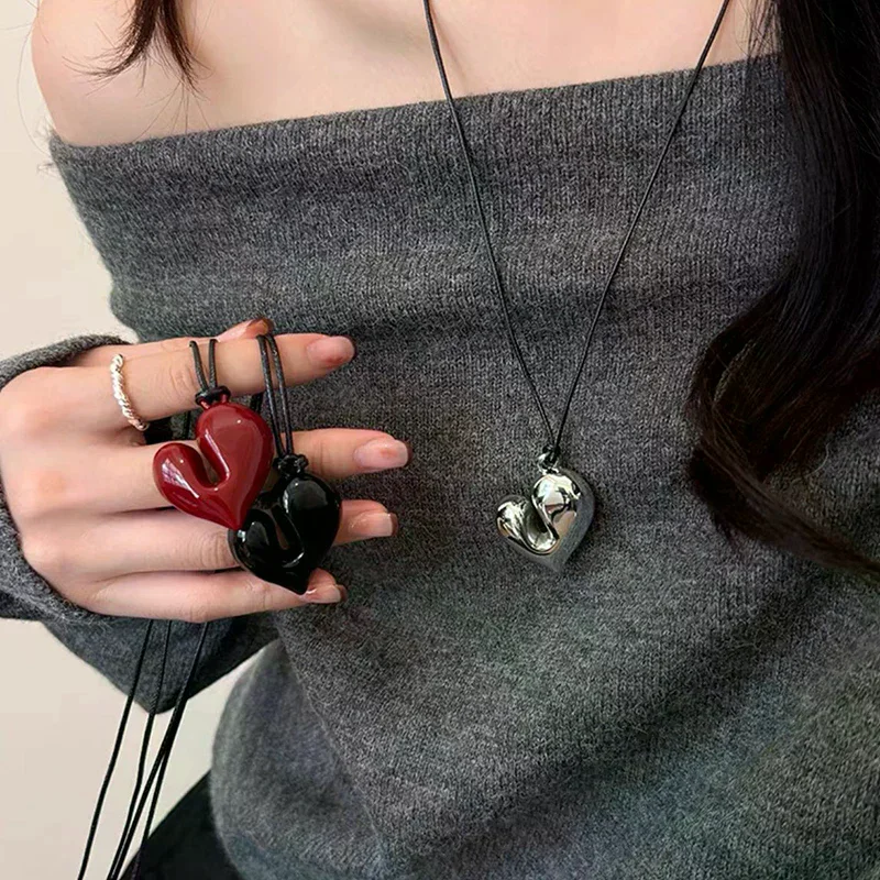 Adjustable Irregular Heart Pendant Necklace For Women Girls Sweet Pull-out Sweater Chain Jewelry Accessories