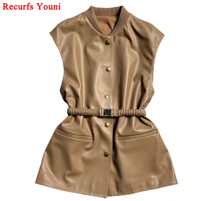 Genuine Leather Vest For Women Autumn New In Outerwears Chic  SheepSkin Sleeveless Jacket with Elastic Square Buckle Waistbelt