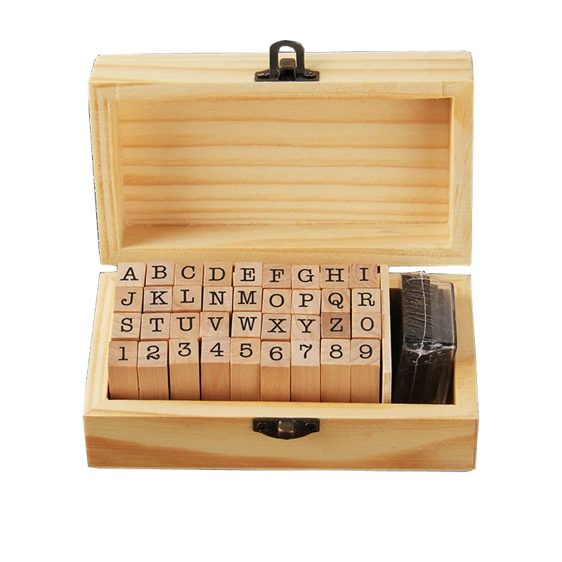 DIY Basic English Wooden Seal Cover Box Containing 36 English Alphanumeric Seals With Ink Pad