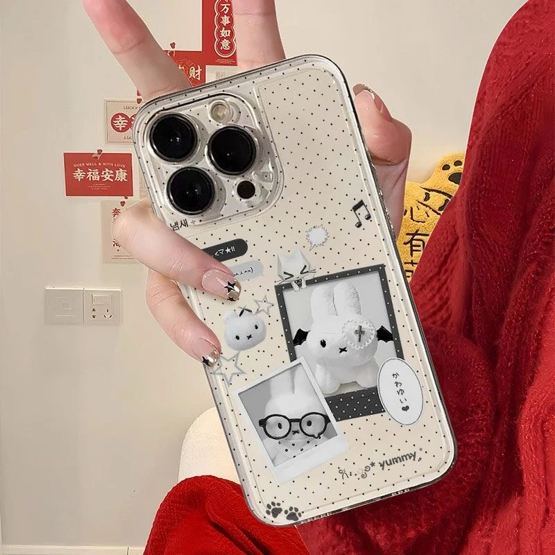 Cute black white Polka Dots Miffy Phone Case For Samsung S22 S23 S24 S25 S26Ultra Plus Note10 Cartoon Star Miffy label Cover﻿