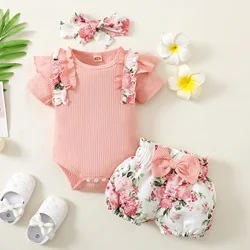 Summer Newborn Baby Girl Clothes Set Short Sleeve Ruffle Romper Tops Floral Print Shorts Headband Infant Outfits