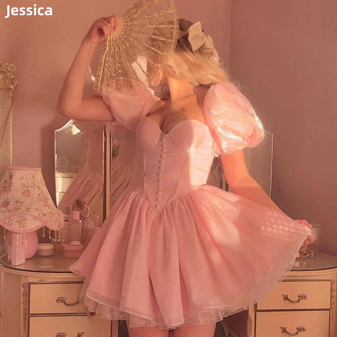 Jessica Sweetheart Pink Wedding Dress Princess Lace Organza Prom Dresses Fairy Puff Sleeve Short Style Vestidos De Fiesta