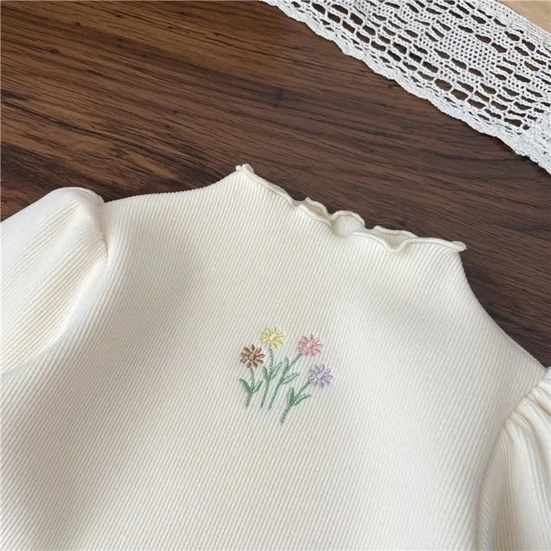Jersey bordado con mangas abullonadas para niña – Suéter térmico suave - imagen 4