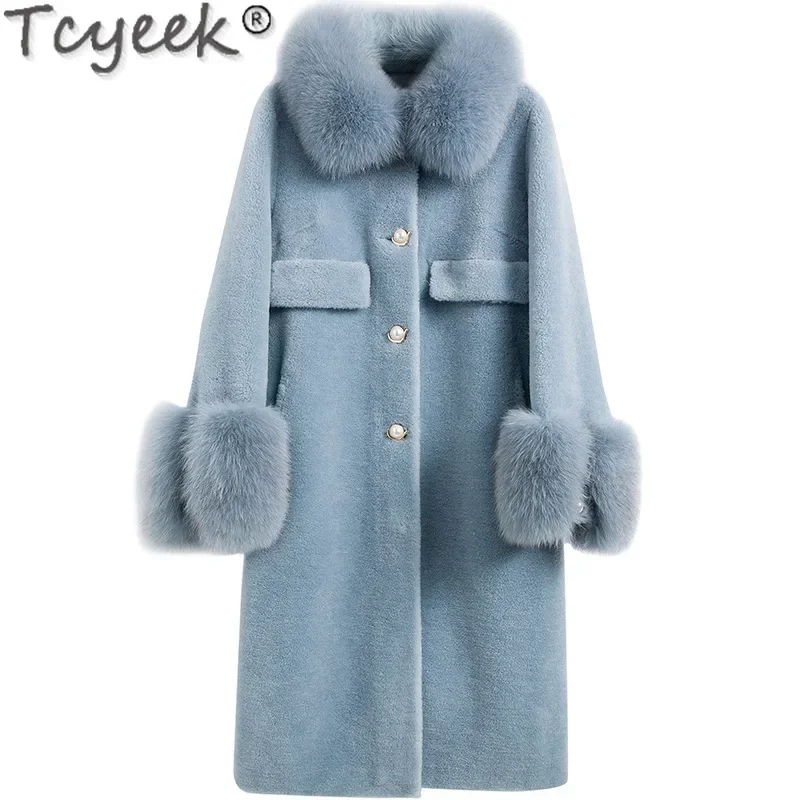 Tcyeek 100% Wool Jacket Warm Fox Fur Collar Fashion Sheep Shearling Coat Winter Jackets for Women Mid-length Women's Fur Coat