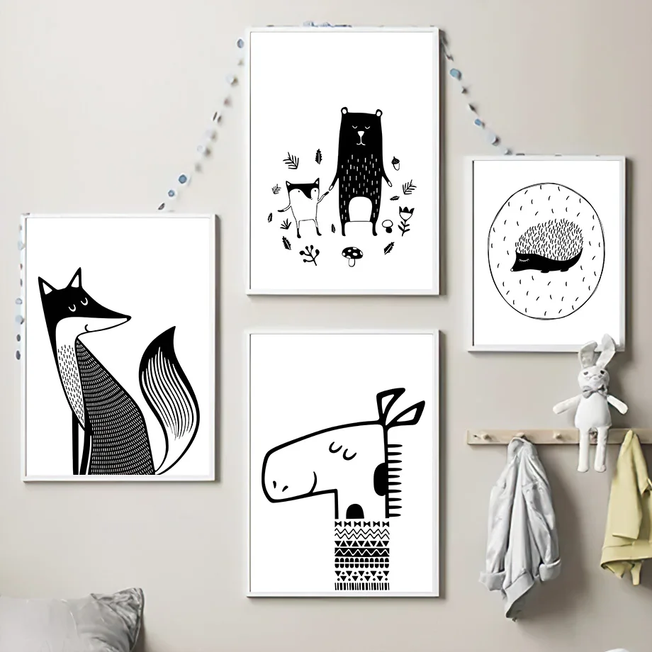 Black White Fox Bear Hide Seek Boy Carton Wall Art Canvas Painting Nordic Posters And Prints Wall Pictures For Kids Room Decor