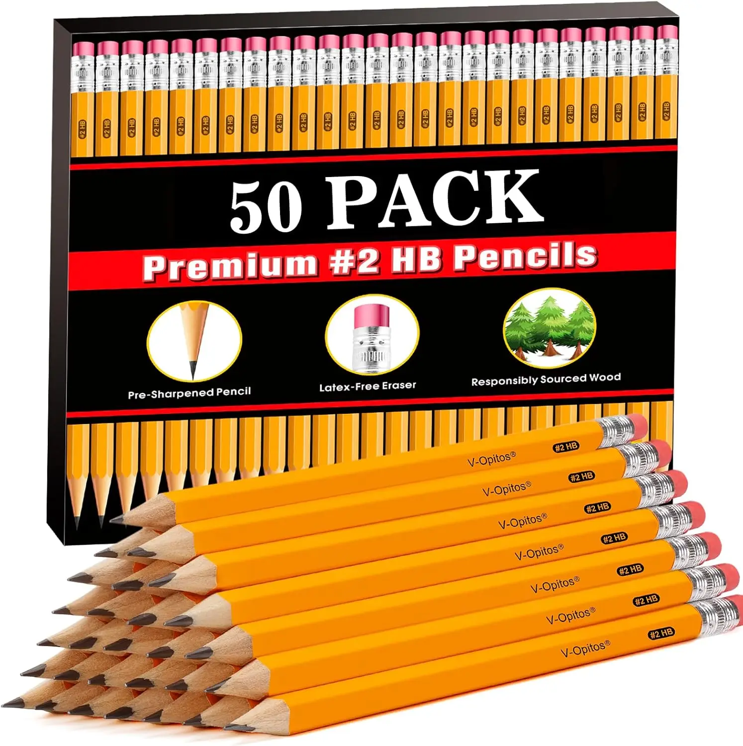 

50 Pack Pre-Sharpened #2 HB Pencils with Erasers, Hexagonal Design for School and Office Use