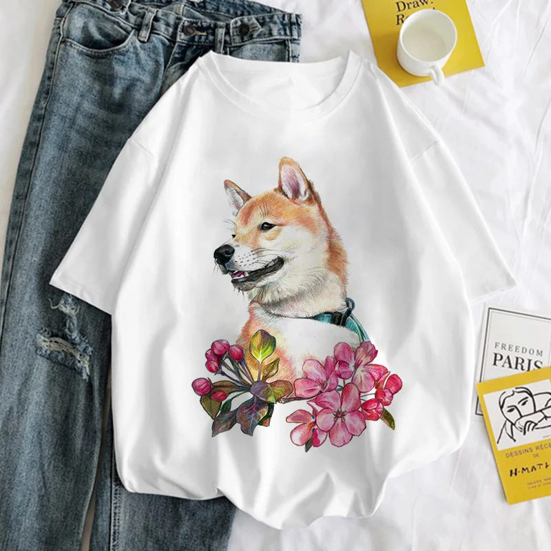 Shiba Inu Graphic Print T-shirt Women Harajuku Aesthetic White Tops Y2k Top Tshirt 2022 New Korea Fashion Casual Female T Shirt