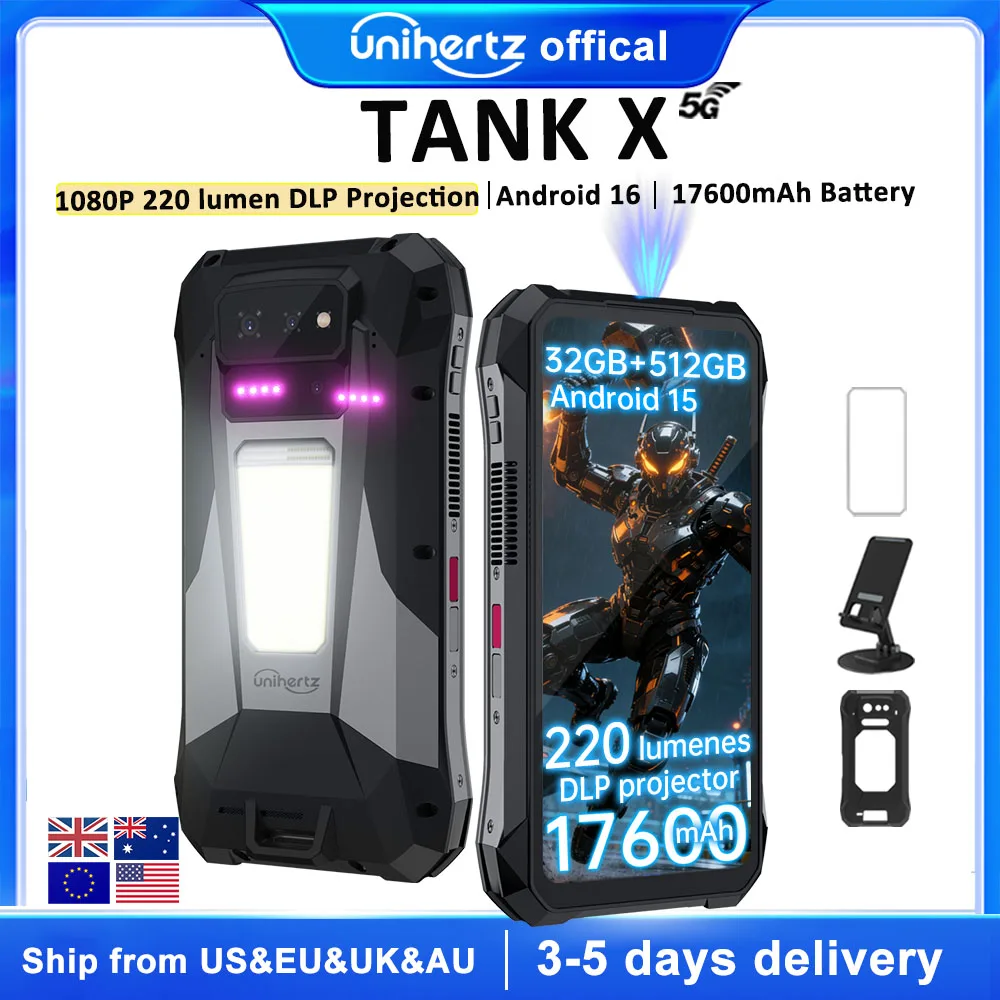 EU US Shipment Unihertz by 8849 TANK X Rugged Smartphone 5G Android 15 Built-in 1080P 220 Lumen DLP Projection 17600mah 32 512GB