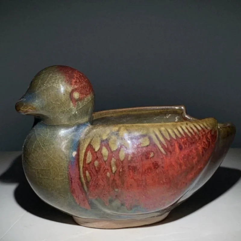 

Antique Jun Porcelain Mandarin Duck Teacups - Natural Kiln-Changed Flambe Glaze, Collectible Folk Art Ornament