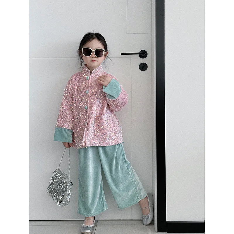 Girl Coat 2024 Spring New Children New Chinese Heavy Industry Sequins Improved Tang Suit Top Baby Girl Fashion Coat Cardigan