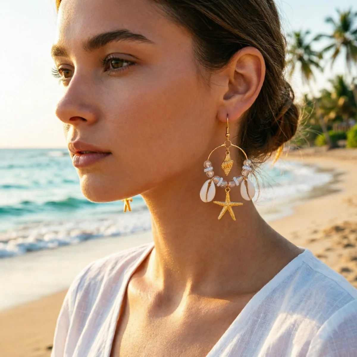 Kristall-Kreis Muschel Seestern Quasten-Ohrringe für Damen und Herren Boho Ozean Seepferdchen Ohrringe Trendiger Sommer-Strandschmuck – Detail 8