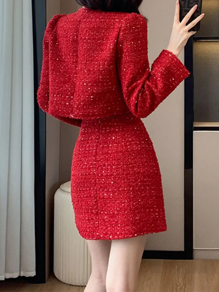 Moda cinese nodo bottone vestito rosso donna 2023 autunno inverno elegante girocollo a maniche lunghe cappotto corto + gonna divisa in due pezzi