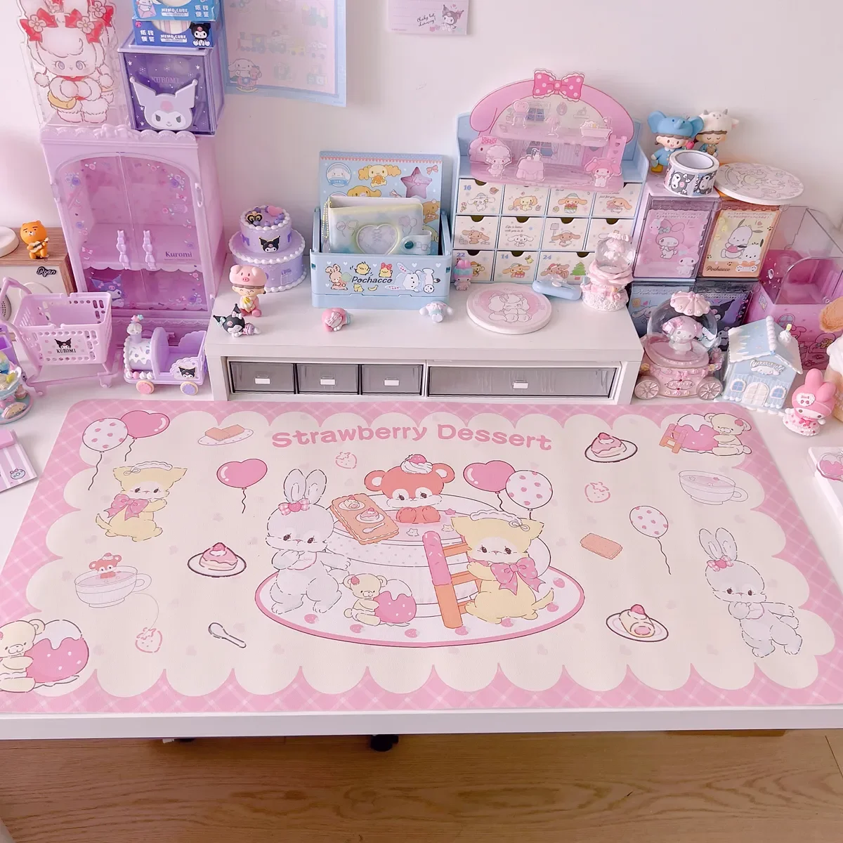 Leather Desk Pad Protector Pink Strawberry Dessert Bear Bunny Mouse Pad Office Desk Mat Waterproof Non-Slip PU Desk Blotter Pad