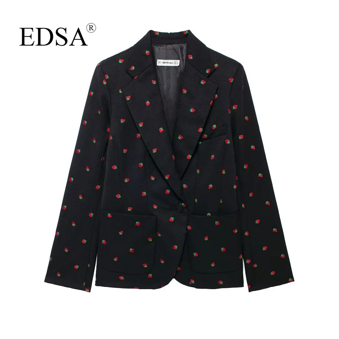 EDSA Women Wool Blended Strawberry Printed Skirts Set 2 Pcs Black Blazer Jacket High Waist Striaght Mini Skirts for Office Lady