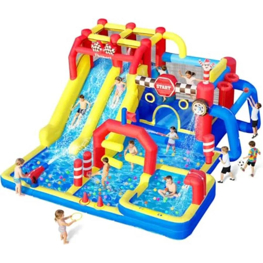 Inflatable Water Slide Bounce House for outdoor use, PVC material, blue and yellow, includes 750W blower, 12-in-1 design with d