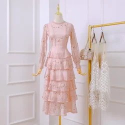 Pink Lace Embroidery Dresses Women O Neck Long Sleeve Evening Party Dress Vestido De Mujer Autumn Elegant Sweet Maxi Dress Lady