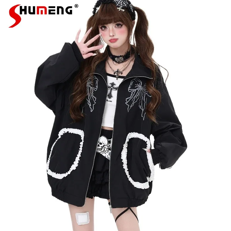 

American Retro Sweet And Cool Girl Sports Style Sweatshirt Bow Thin Zipper Loose Coat Top New Autumn Aesthetic Clothes Sudaderas